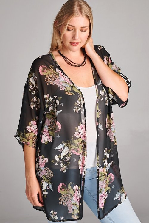 Black Floral Chiffon Kimono Cardigan — A Lovely Daye